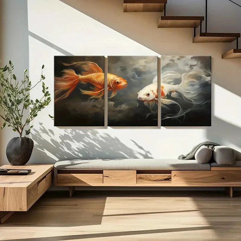 3pcs Golden Fish White Fish Smoke Effect Metal Print Ready to Hang Art - Bella Home Decor