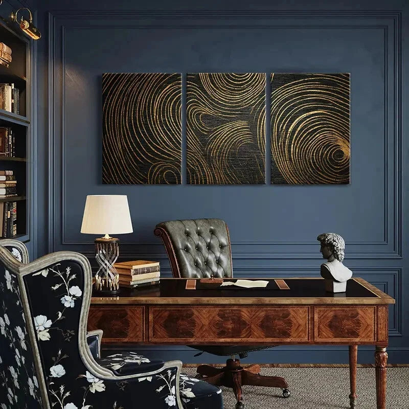 3pcs Elegant Abstract Golden Swirls Art Metal Print Ready to Hang Art - Bella Home Decor