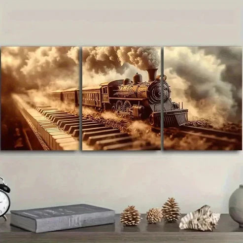 3pcs Steam Train on an Old Piano Wall Art Canvas Unframed - High Quality Print 100% Australian Made Wall Canvas