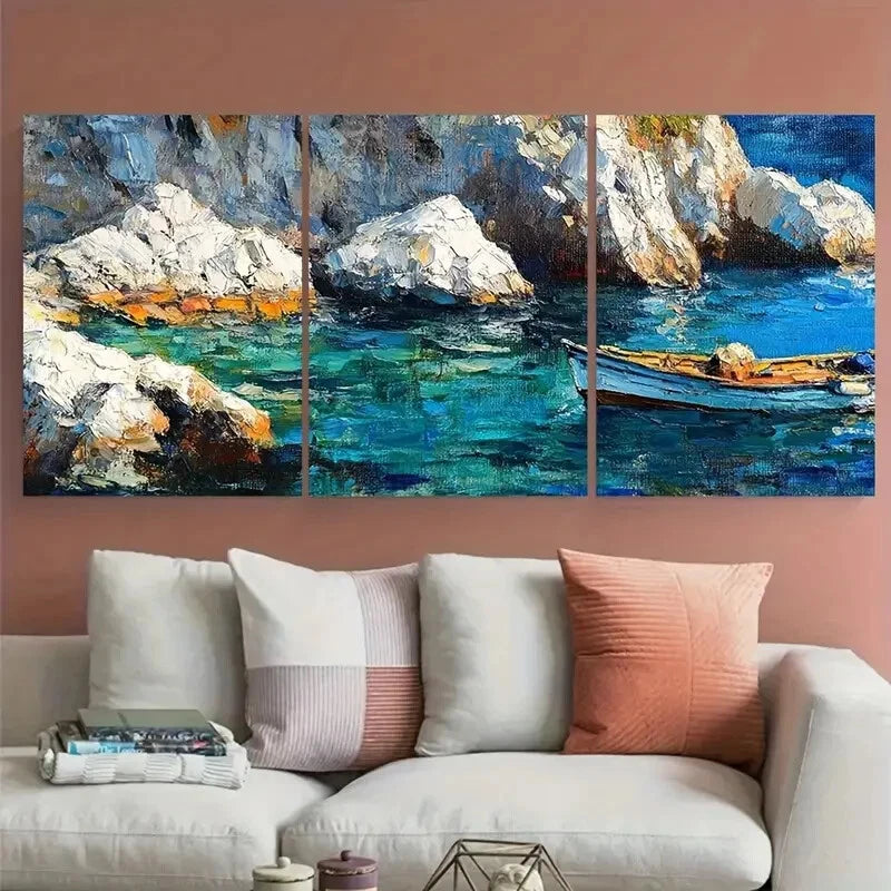 3pcs Mediterranean Seascape Coastal Boat Ocean Metal Print Ready to Hang Art - Bella Home Decor
