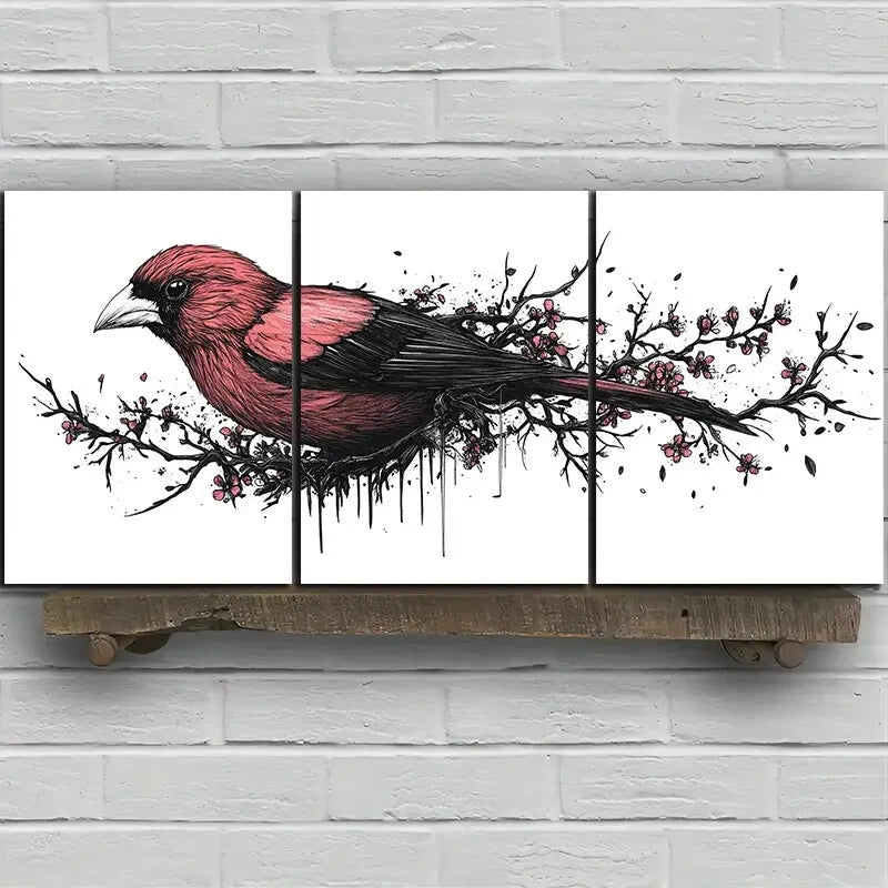 3pcs Red Birds on Plum Blossom Branches Metal Print Ready to Hang Art - Bella Home Decor