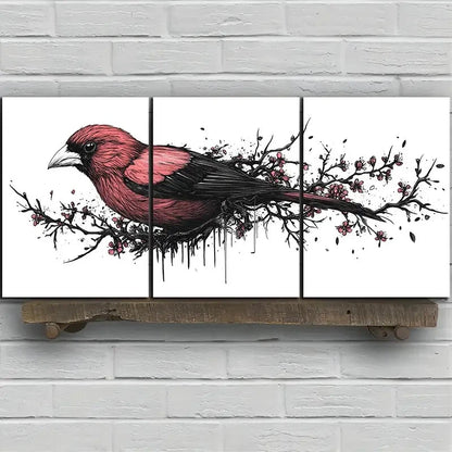 3pcs Red Birds on Plum Blossom Branches Metal Print Ready to Hang Art - Bella Home Decor