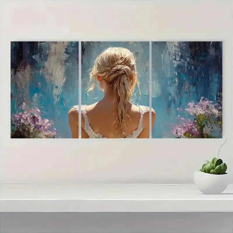 3pcs Elegant Blonde Ballerina in Blue & Pink Metal Print Ready to Hang Art - Bella Home Decor