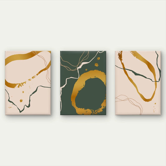 3pcs Modern Abstract Green, Gold and Beige Art Wall Art Set Canvas Framed 50x70cm - High Quality Print 100% Australian Made Wall Canvas Ready to Hang