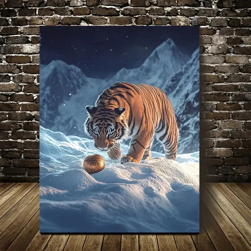 Dreamlike Tiger Playing with Ball On Snowy Painting 40x60cm Metal Print Ready to Hang - Bella Home Decor