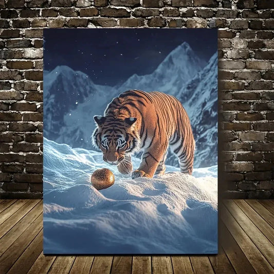 Dreamlike Tiger Playing with Ball On Snowy Painting 40x60cm Metal Print Ready to Hang - Bella Home Decor
