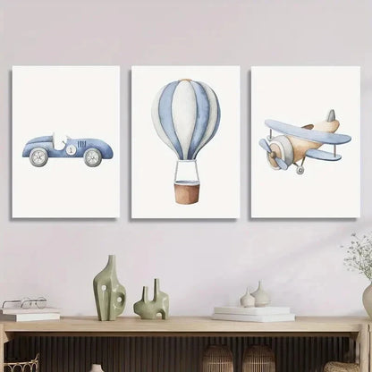 3pcs Cartoon vehicles, cars, hot air balloons Metal Print Ready to Hang Art