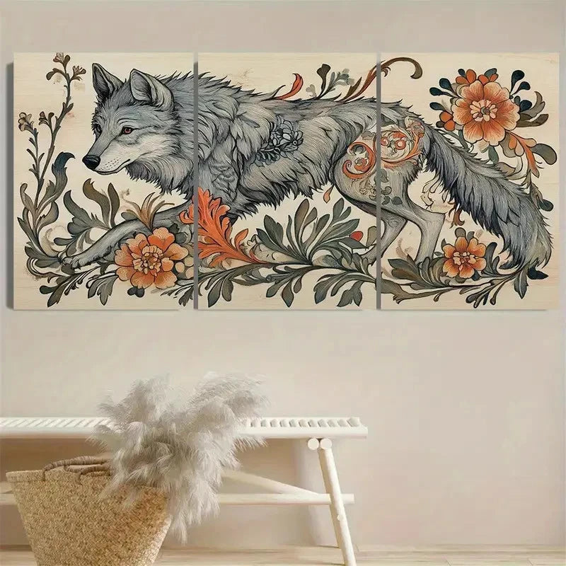 3pcs Nouveau Gray Wolf Wall Art Set Canvas Framed 60x90cm - High Quality Print 100% Australian Made Wall Canvas Ready to Hang