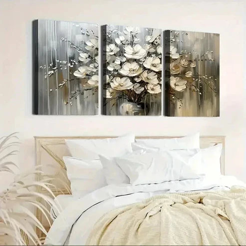 3pcs White and Silvery Floral Decoration Art Set Canvas Unframed - High Quality Print 100% Australian Made Wall Canvas