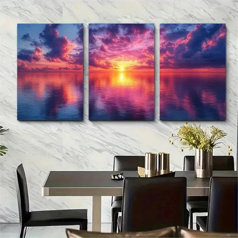 3pcs Vibrant Purple Sky Reflection Perfect Wall Art Set Canvas Framed 50x70cm - High Quality Print 100% Australian Made Wall Canvas Ready to Hang