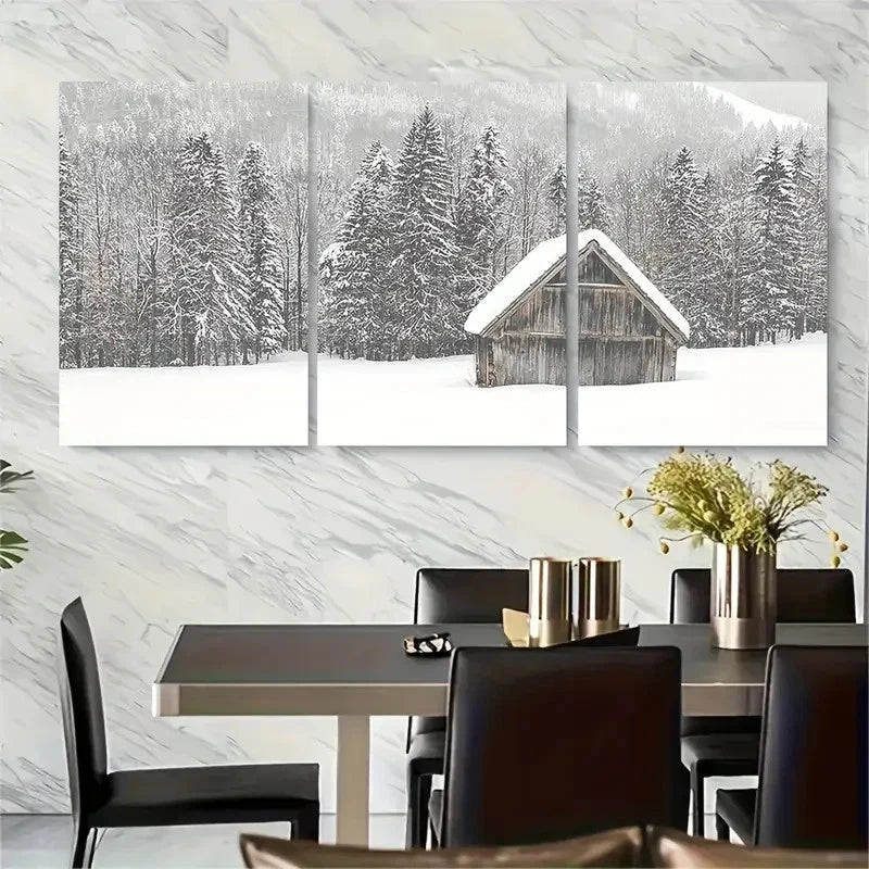 3pcs Snow Cabin Wall Art Metal Print Ready to Hang Art