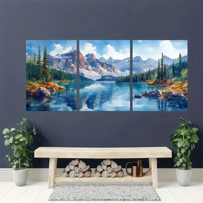 3pcs Moraine Lake Scenery with Pine Trees Metal Print Ready to Hang Art - Bella Home Decor