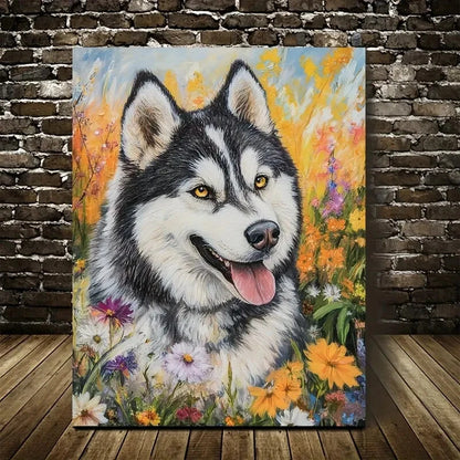 Charming Alaskan Malamute with Flowers Painting 40x60cm Metal Print Ready to Hang