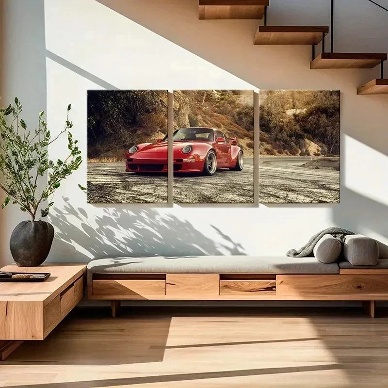 3pcs Red Color Super Car Modern Vehicle Wall Art Set Canvas Framed 50x70cm - High Quality Print 100% Australian Made Wall Canvas Ready to Hang