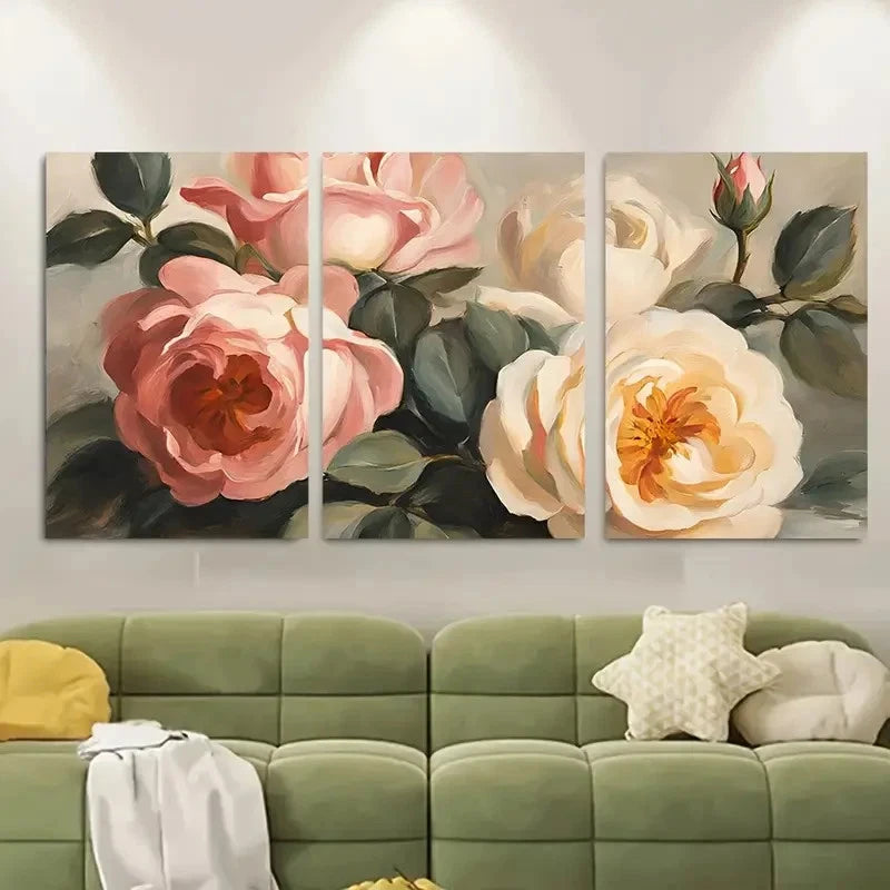 3pcs s Vintage Floral Still Life Blush Rose Metal Print Ready to Hang Art