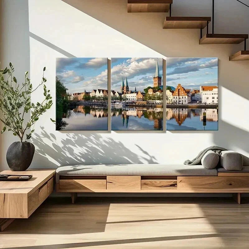 3pcs European Town Landscape with River Wall Art Set Canvas Framed 50x70cm - High Quality Print 100% Australian Made Wall Canvas Ready to Hang - Bella Home Decor
