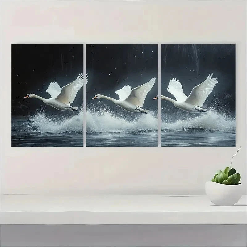 3pcs Flying Swans Print Minimalist Bird Painting Metal Print Ready to Hang Art