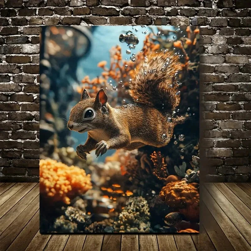 Squirrel Running Happily Underwater in Coral Reef 40x60cm Metal Print Ready to Hang