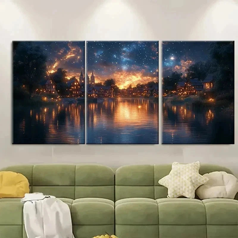 3pcs Scenic Old Town Canvas Print with Starry T  Wall Art Set Canvas Framed 40x60cm - High Quality Print 100% Australian Made Wall Canvas Ready to Hang - Bella Home Decor