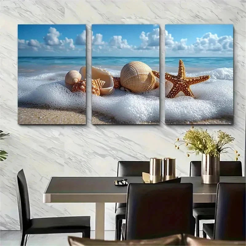 3pcs Coastal Shell And Starfish Nature Perfect Wall Art Set Canvas Framed 50x70cm - High Quality Print 100% Australian Made Wall Canvas Ready to Hang - Bella Home Decor