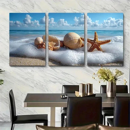 3pcs Coastal Shell And Starfish Nature Perfect Wall Art Set Canvas Framed 50x70cm - High Quality Print 100% Australian Made Wall Canvas Ready to Hang - Bella Home Decor