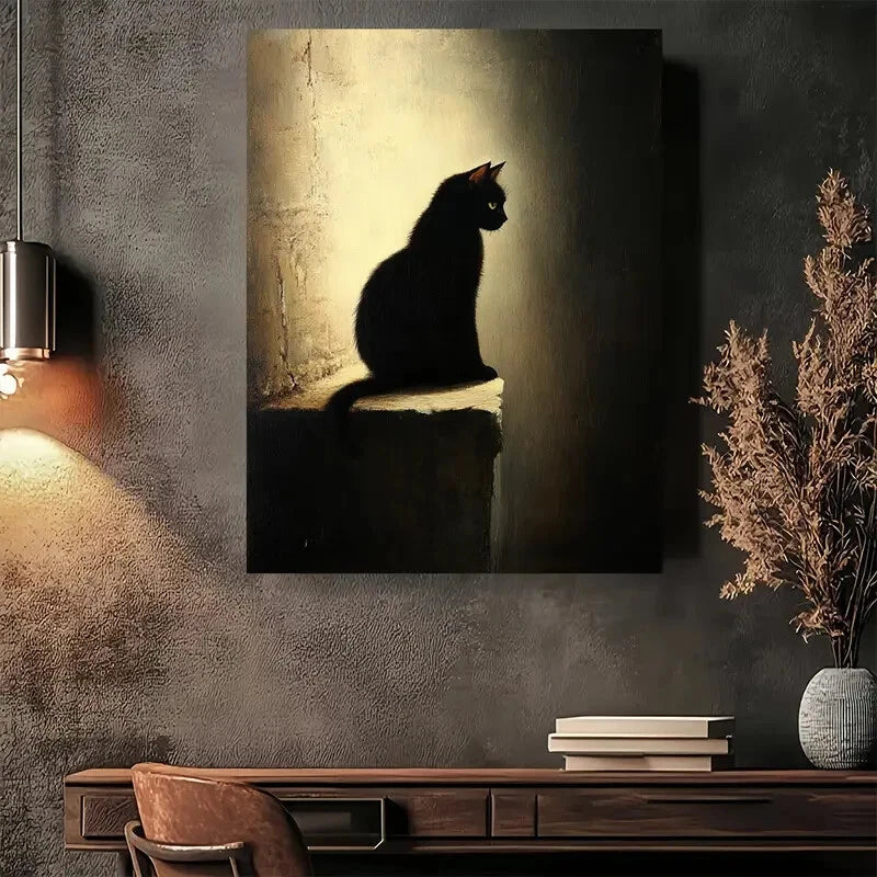 Beautiful Black Cat Silhouette Modern Painting 40x60cm Metal Print Ready to Hang - Bella Home Decor