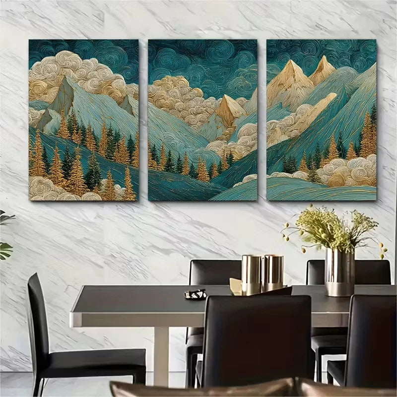 3pcs Mountain Landscape Painting with Golden Leav Metal Print Ready to Hang Art