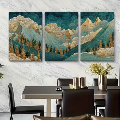 3pcs Mountain Landscape Painting with Golden Leav Metal Print Ready to Hang Art