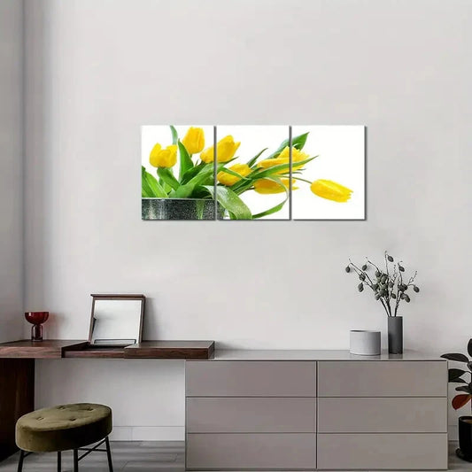 3pcs Yellow Tulip & Green Foliage Metal Print Ready to Hang Art