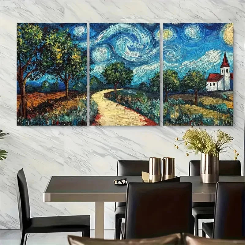 3pcs Vibrant Blue Sky & Golden Pathway Metal Print Ready to Hang Art