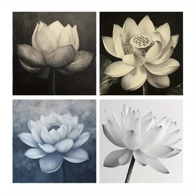 4pcs Lotus Flower Black And White Sketch Wall Art Canvas Framed