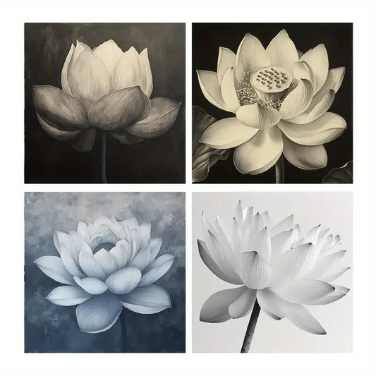 4pcs Lotus Flower Black And White Sketch Wall Art Canvas Framed