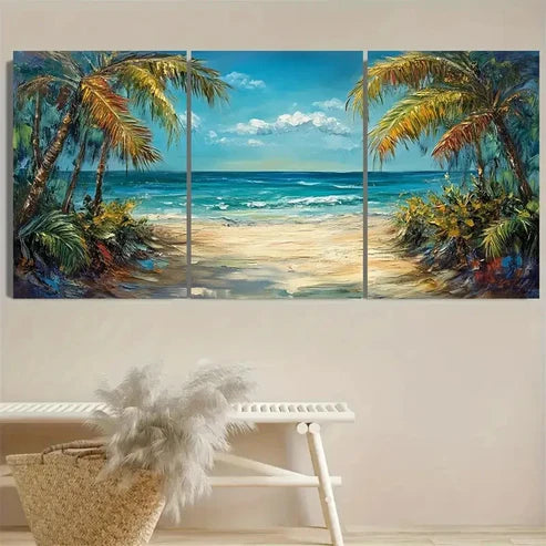 3pcs Palm Trees & Ocean  Wall Art Set Canvas Unframed - High Quality Print 100% Australian Made Wall Canvas