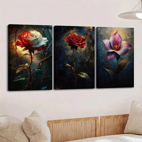 3pcs Charming Floral White & Red Rose Rose Lily Wall Art Set Canvas Unframed - High Quality Print 100% Australian Made Wall Canvas