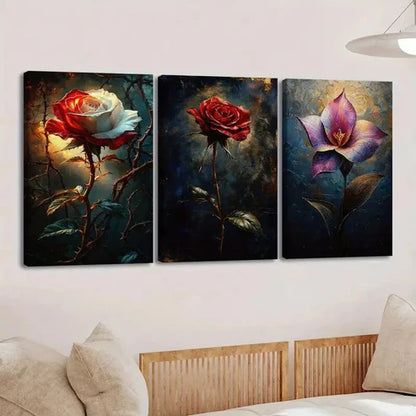 3pcs Charming Floral White & Red Rose Rose Lily Wall Art Set Canvas Unframed - High Quality Print 100% Australian Made Wall Canvas