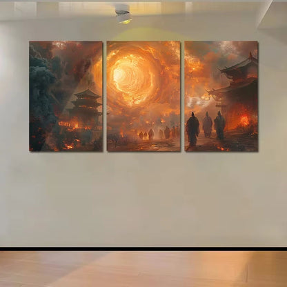 3pcs Vibrant Ancient Cityscape with Swirling Sky Wall Art Set Canvas Framed 60x90cm - High Quality Print 100% Australian Made Wall Canvas Ready to Hang