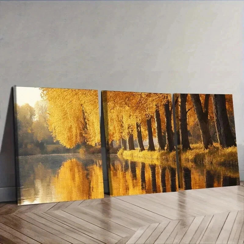 3pcs Golden autumn trees along the river Wall Art Set Canvas Framed 50x70cm - High Quality Print 100% Australian Made Wall Canvas Ready to Hang