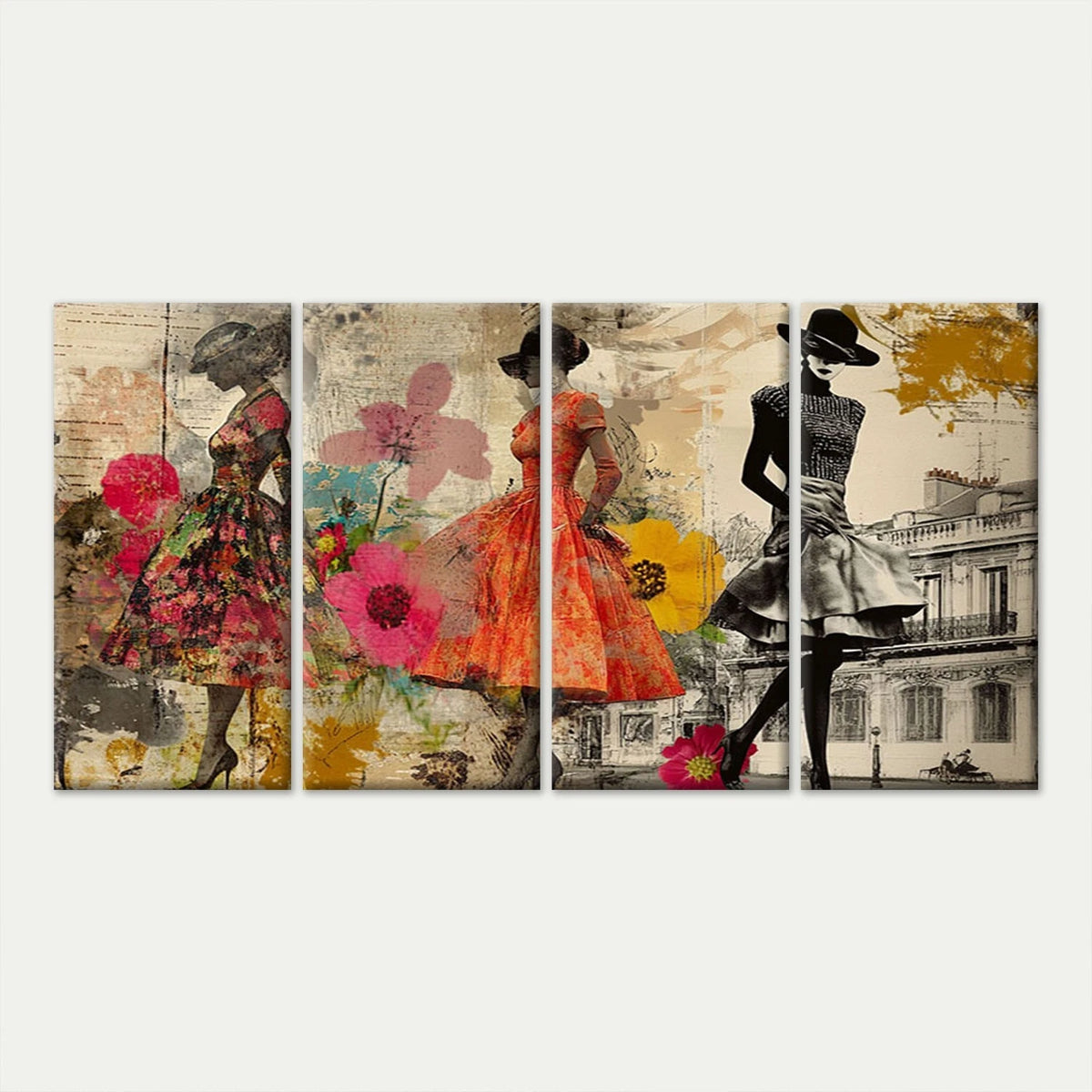 4pcs Vintage Fashion & Floral Ladies Collage Art Wall Art Canvas Framed 45x80cm - High Quality Print 100% Australian Made Wall Canvas Ready to Hang