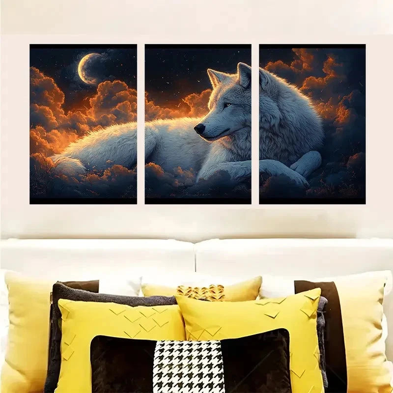 3pcs White Wolf & Dramatic Nighttime Scene Wall Art Set Canvas Framed 40x60cm - High Quality Print 100% Australian Made Wall Canvas Ready to Hang