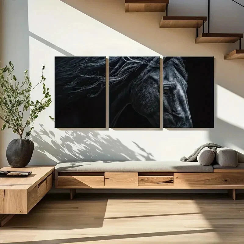 3pcs Black Horse Art Detailed Mane Expressive Eyes Metal Print Ready to Hang Art - Bella Home Decor