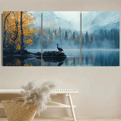 3pcs Serene Lake, Golden-Yellow Leaves Wall Art Set Canvas Framed 60x90cm - High Quality Print 100% Australian Made Wall Canvas Ready to Hang
