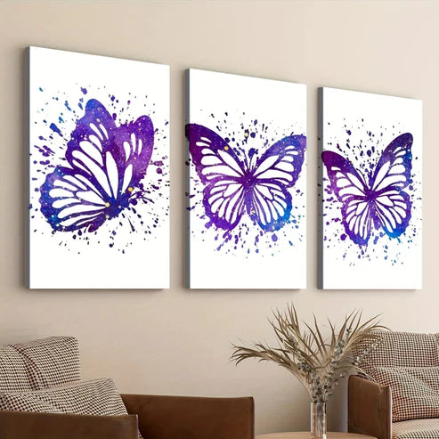 3pcs Purple Butterfly Elegant White Blue Dots Wall Art Set Wall Art Canvas Unframed – High Quality Print 100% Australian Made Wall Canvas