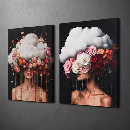 2pcs Surreal Floral Woman & Vibrant Pink and Red Flowers Canvas Framed 50x75cm - High Quality Print 100% Australian Made Wall Canvas Ready to Hang - Bella Home Decor
