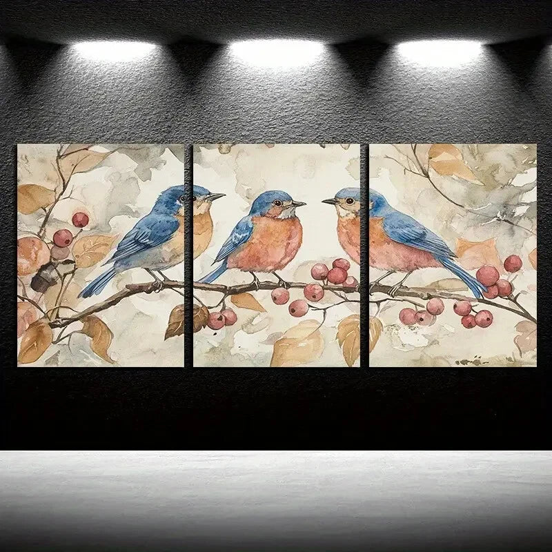 3pcs Bluebirds on a Berry Branch Metal Print Ready to Hang Art - Bella Home Decor