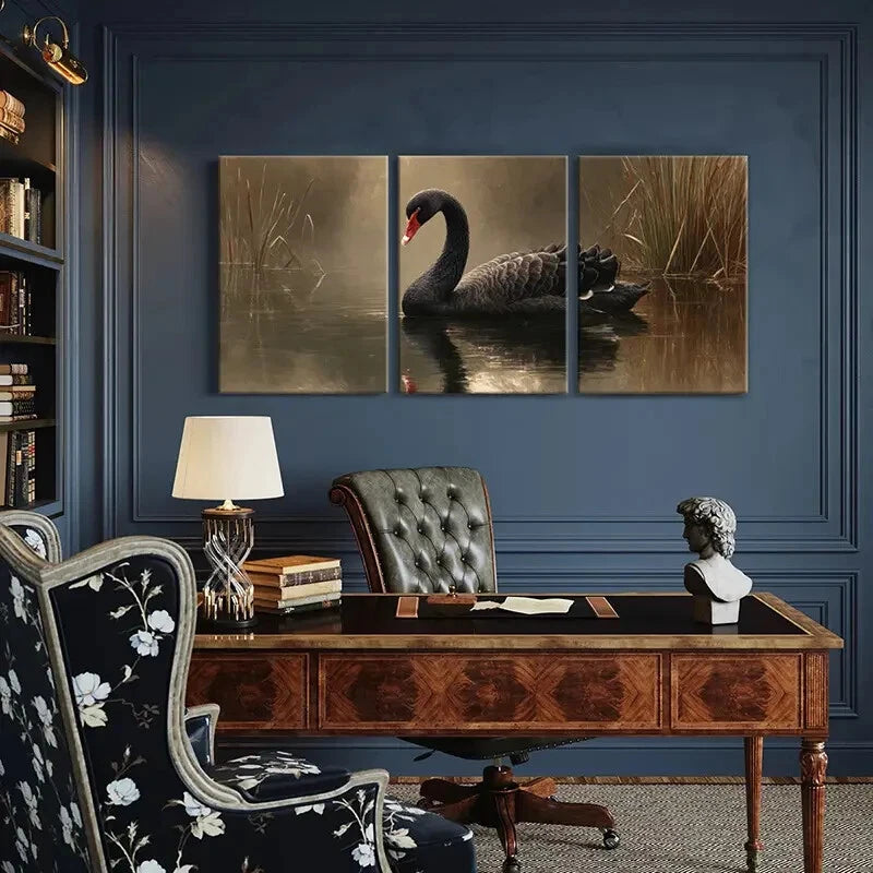 3pcs Black Swan Elegant Bird Water Reflection Metal Print Ready to Hang Art - Bella Home Decor
