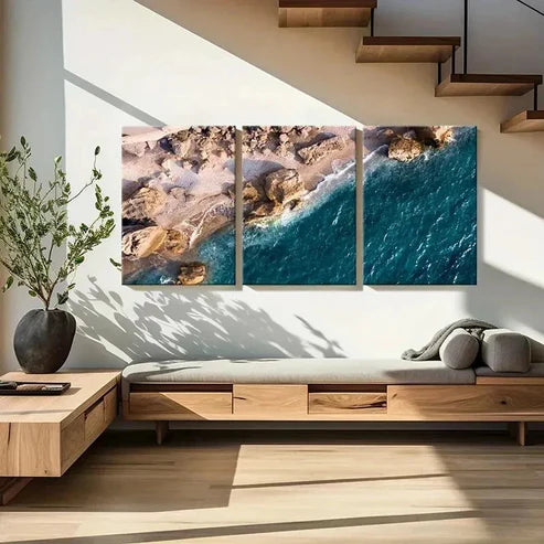 3pcs Sea Waves Coastline Rocks Art Wall Art Set Canvas Unframed - High Quality Print 100% Australian Made Wall Canvas