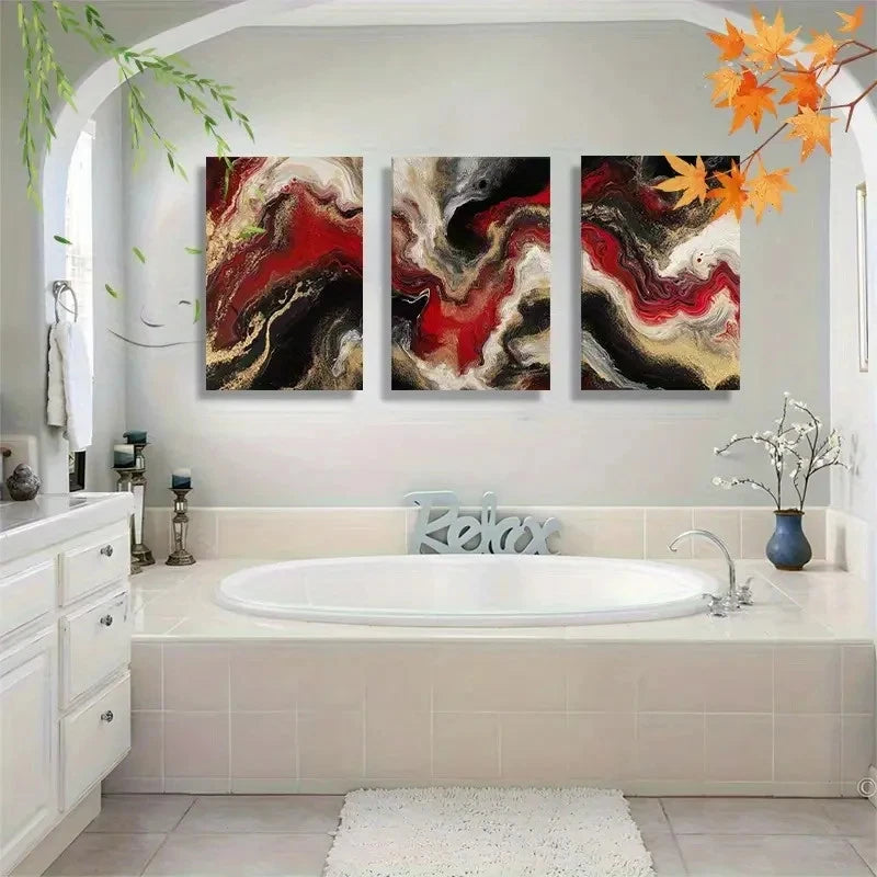 3pcs Abstract Fluid Ink Red Black Golden Swirl Metal Print Ready to Hang Art - Bella Home Decor