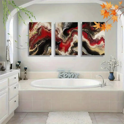 3pcs Abstract Fluid Ink Red Black Golden Swirl Metal Print Ready to Hang Art - Bella Home Decor