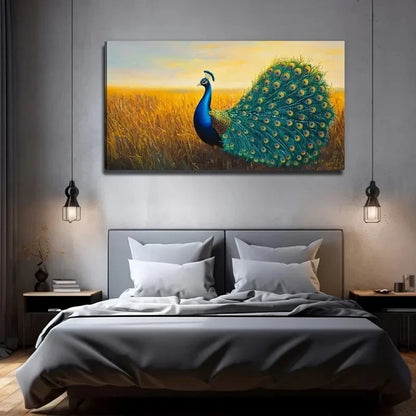 Modern Peacock On The Prairie Wall Art Canvas Office Home Room Framed 120x60cm