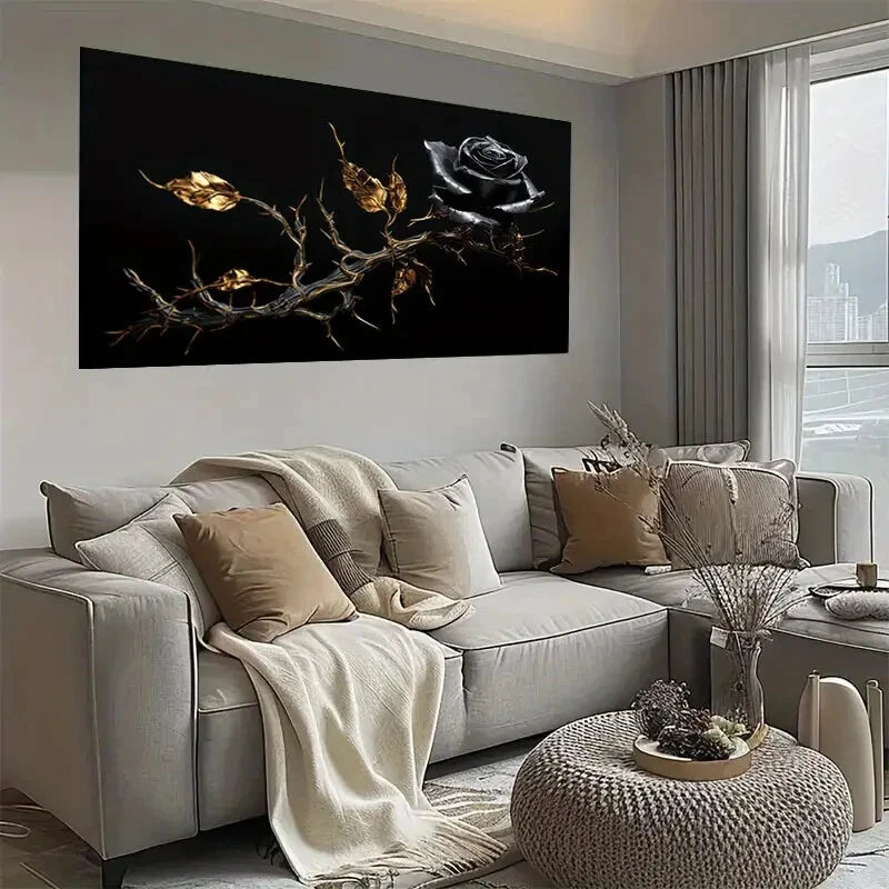 Golden Rose & Thorns on Black Wall Art wall canvas office home room framed 120x60cm - Bella Home Decor